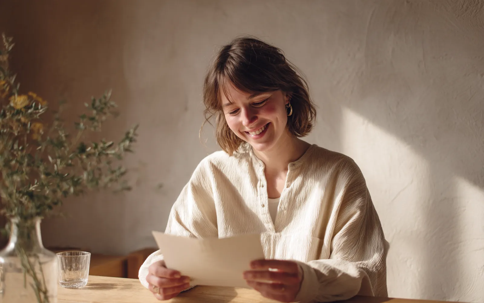 A single printed page on a sunlit table, beside a pen and a sprig of olive
