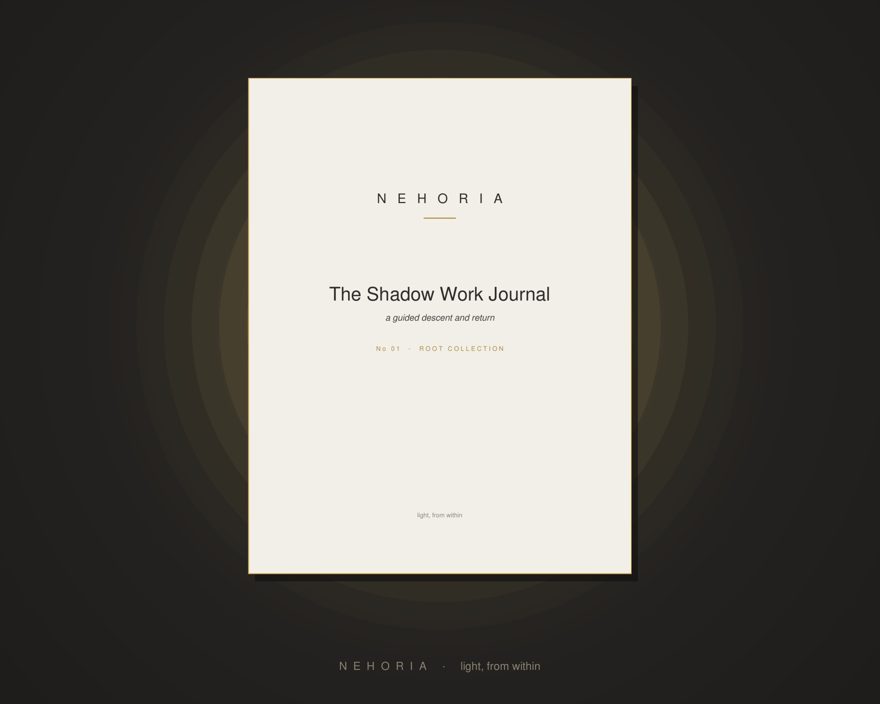 The Shadow Work Journal – a dark cover with a glowing gold ring seal, floating in warm candlelight