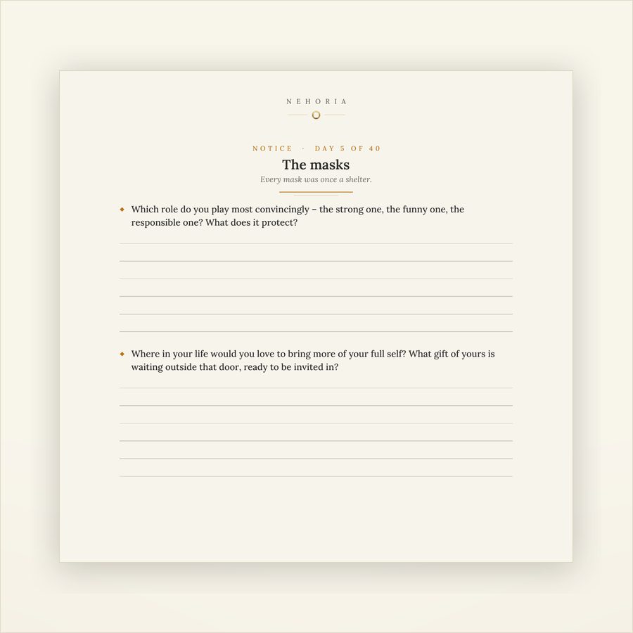 A guided day from The Shadow Work Journal, showing one theme and two questions with space to write