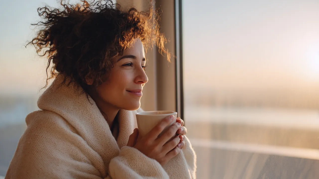 Two hands around a warm mug on a windowsill at first light