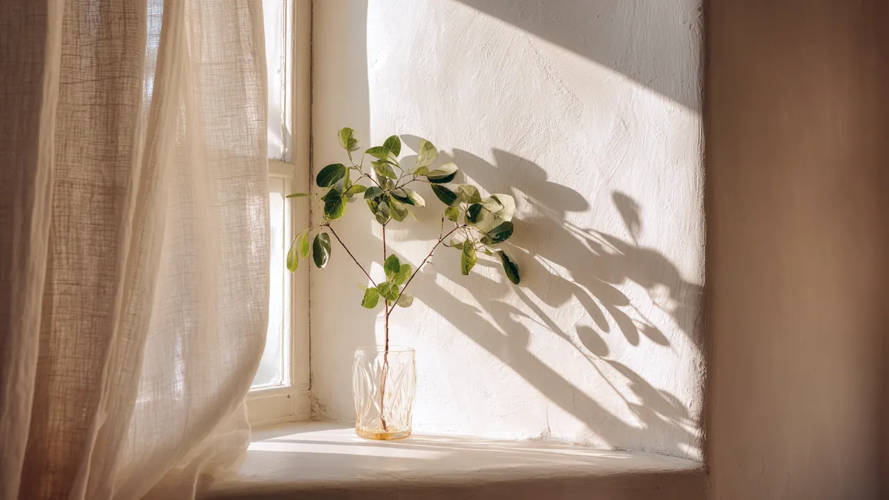 A man standing at an open window in early morning light