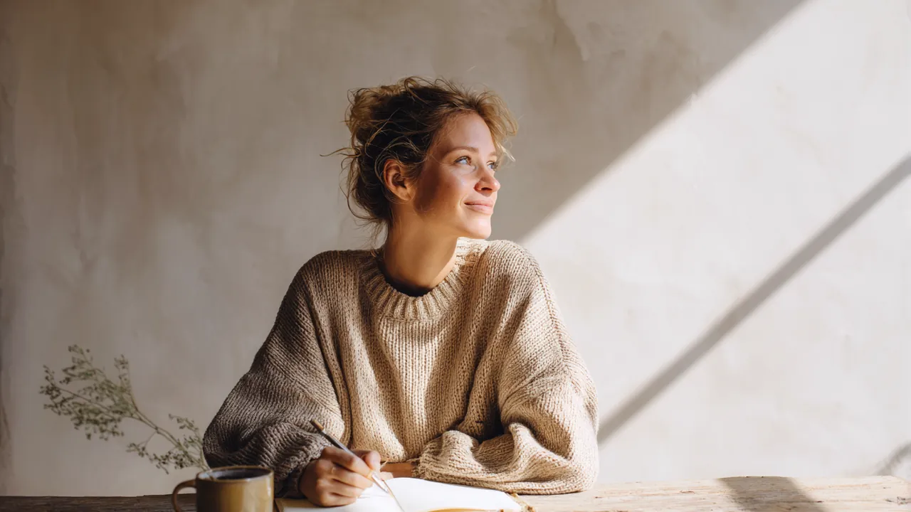A woman writing at a sunlit desk, pausing to look out of the window